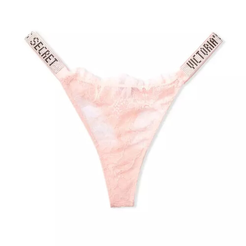 PUREST PINK Victorias Secret Bombshell SHINE Strap Floral LACE Thong Panty RARE